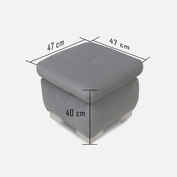stilingas šviesiai pilkas pufikas prie minksto kampo ir jo ismatavimai