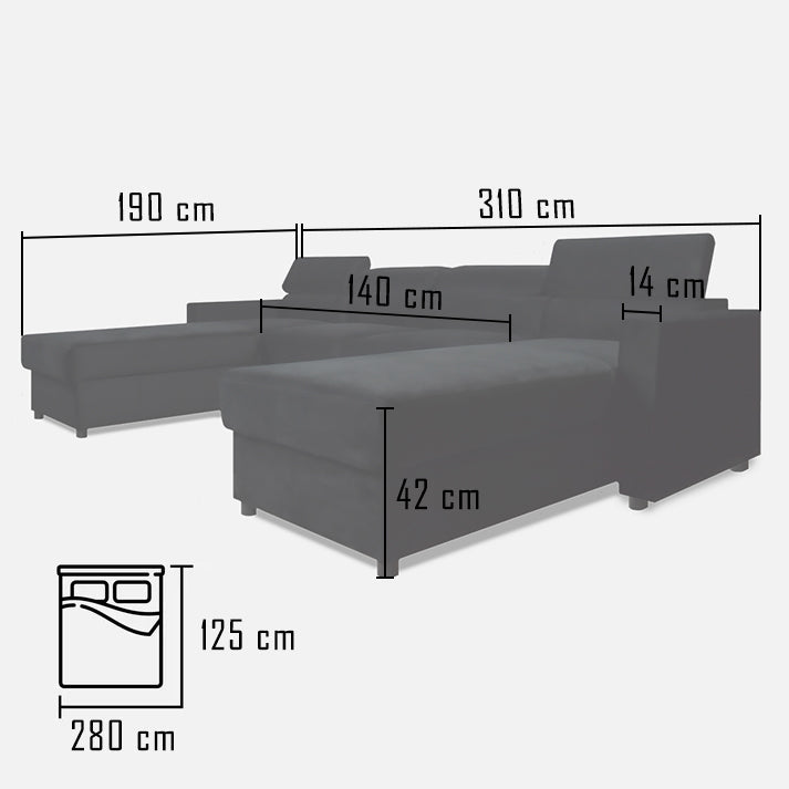 stilingas juodas minkstas kampas, skirtas sliono interjero dizainui u formos su iskleidimo matmenimis