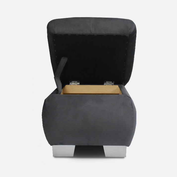 stilingas tamsiai pilkas pufikas prie minksto kampo 